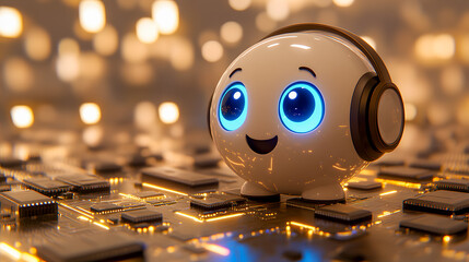 Aufkleber - Adorable 3D rendered robot character with large expressive eyes and headphones surrounded by a glowing moody and futuristic digital landscape filled with circuit boards microchips