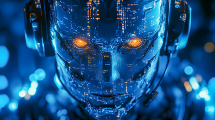 Poster - Futuristic close up view of a cyborg face with intricate mechanical and digital details glowing in a vibrant blue tone  This image represents the concept of advanced intelligence automation