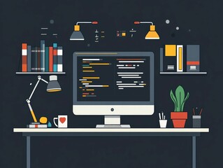 Fototapete - Minimalist and organized workspace setup with computer monitor coding tools and digital elements for mobile app development and software programming