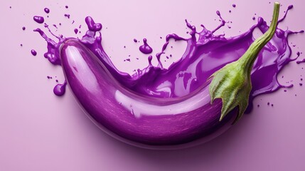 Wall Mural - Purple eggplant splashing vibrant purple paint on a pastel background.