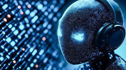 Poster - Futuristic and abstract digital background with a glowing spherical hologram or data matrix surrounded by a dark cyberpunk inspired atmosphere filled with neon lights geometric shapes