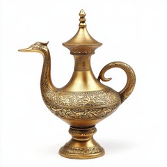 Enchanting Genie Lamp with Ornate Gold Design Isolated on White Background