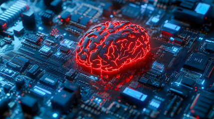 Poster - Conceptual image of a red glowing brain superimposed on an electronic circuit board symbolizing the of intelligence and advanced computing technology