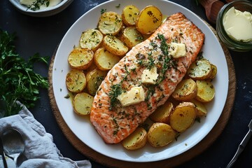 Wall Mural - A plate of salmon and potatoes with butter on top