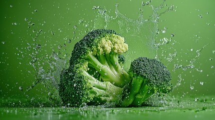 Poster - Fresh broccoli florets with water splash on green background.