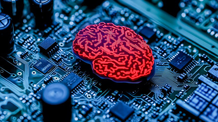Poster - Closeup view of an intricate red brain inspired circuit board with a futuristic technology backdrop  The board features complex patterns microchips and other electronic components