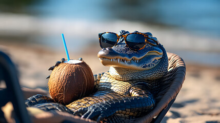 Wall Mural - Friendly Reptile Relaxing on Sandy Beach with Coconut Drink in Hand During Tropical Vacation  Concept of Leisure Adventure and in Natural Paradise Setting