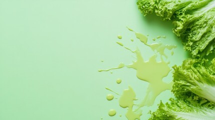 Poster - Green lettuce leaves with a splash of green paint on a green background.