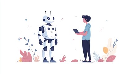 Poster - of a humanoid robot assistant providing digital technological support and services to a human user in a modern flat design style