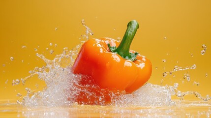 Poster - Orange bell pepper splashing into water on a yellow background.