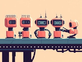 Poster - Robotic Innovation on Assembly Line   Flat Design of Innovative Automation Technology for Industrial Manufacturing and Production Processes