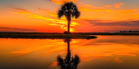 Wall Mural - Vibrant orange hues illuminate the serene silhouette of a majestic palm tree against a tranquil Florida lake at sunset, reflecting nature's peaceful ambiance.