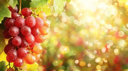 Wall Mural - Close-up of red grapes on a vine with green leaves and a blurred bokeh background.