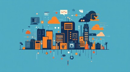 Poster - Futuristic Smart City Skyline Featuring Coding Connected Devices and IoT Applications for a Digitally Enabled Innovative Urban Environment