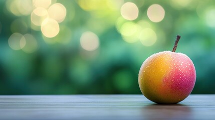 Poster - A single mango with dew drops on a wooden table with a green bokeh background.