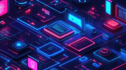 Fototapete - Futuristic and Visionary of Blockchain Technology Software Development and Fintech Innovation  Vibrant Neon Geometric Shapes Circuits and Modules Create a Cutting Edge High Tech Backdrop