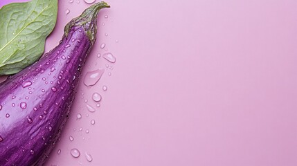 Poster - Purple eggplant with water drops on a pink background.