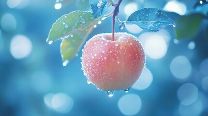 Wall Mural - A single red apple with raindrops on a blue blurred background.