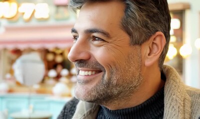 Poster - Close-up portrait video of a satisfied man in his 40s that is wearing a chic cardigan against an ice cream parlor or sweet treat background