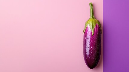 Poster - Fresh purple eggplant with water droplets on pink and purple background.