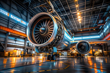 Wall Mural - Highly detailed shot of a massive jet engine's intricate components, turbofan blades, and hydraulic systems, illuminated by soft natural light in a hangar.