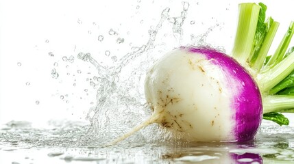 Poster - Fresh purple turnip splashing into water.