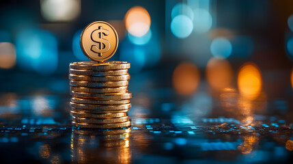 Piles of shiny gold coins and dollar sign symbols stacked against a blurred out of focus background representing the concepts of wealth finance investment banking