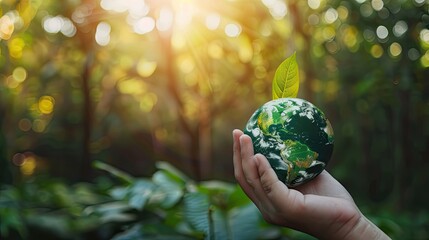 Sticker - Hand Holding Globe With Leaf, Nature Background