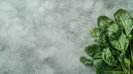 Poster - Fresh green spinach leaves on a textured grey background.