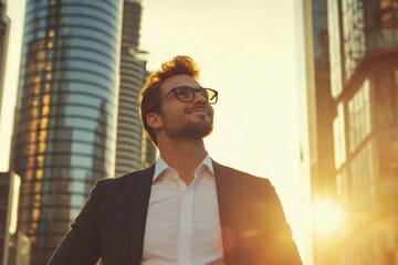 Wall Mural - Happy wealthy rich successful business man standing in big city modern skyscrapers street on sunset thinking of successful future vision, dreaming of new investment opportunities.