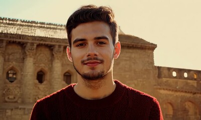 Wall Mural - Portrait of a handsome young man in a red sweater standing in front of an ancient building