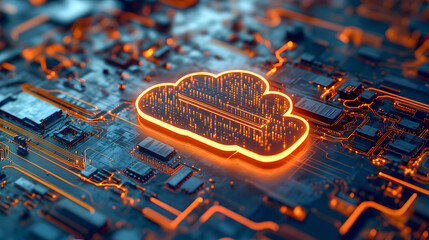 Poster - Futuristic cloud shaped circuit board with glowing technological elements like microchips processors and other electronic components on a vibrant blue background