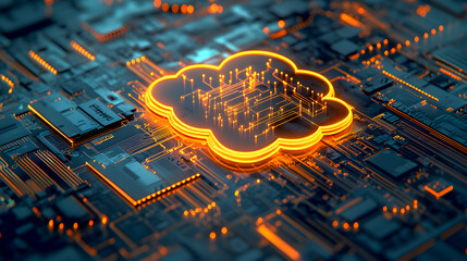Poster - Futuristic glowing computer chip or microprocessor with intricate interconnected circuit board pattern on a dark industrial background representing modern digital intelligence and innovation