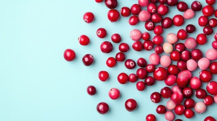 Canvas Print - Fresh red cranberries scattered on a light blue background.