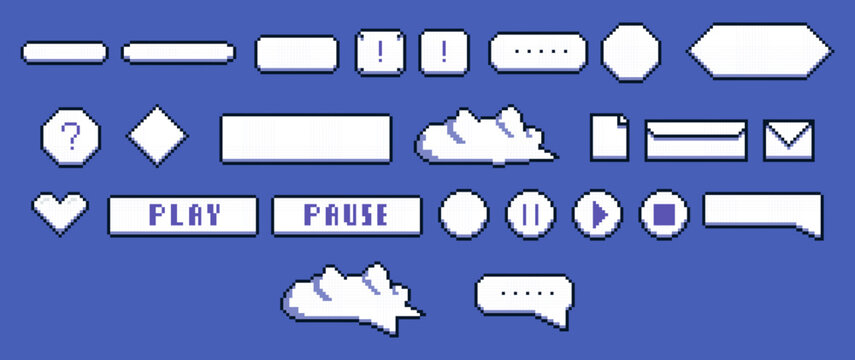 Pixel Art Speech Boxes, Dialogue Boxes Assets for retro Games, speech bubbles messages and quote frames vector set white and blue color.