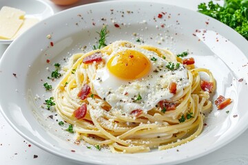 Classic homemade carbonara pasta with pancetta, hard parmesan cheese, and cream sauce. Italian cuisine. Spaghetti alla carbonara on a white plate, white background