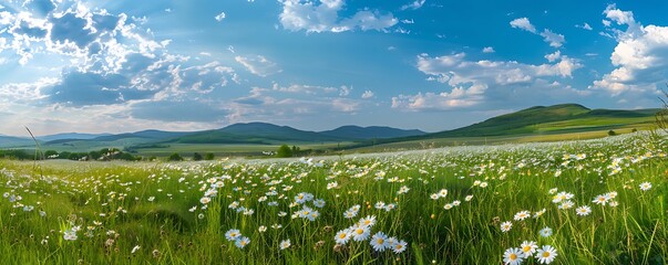 Wall Mural - Blooming Field of Daisies in Hilly Countryside