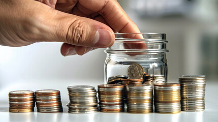 Poster - A hand putting coins into an open glass jar on white background, with stacks and rows of silver coin in the bottom part of it. The concept shows financial planning or saving. Generative AI.