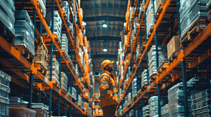 Poster - In the warehouse, a operator standing on a very high elevated platform, in the high-level shelves of goods. Generative AI.
