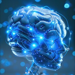 Aufkleber - The blue virtual brain model has signal connection, abstract, futuristic, technology, surrealism. Generative AI.