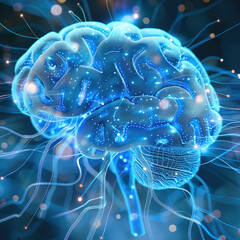 Aufkleber - The blue virtual brain model has signal connection, abstract, futuristic, technology, surrealism. Generative AI.