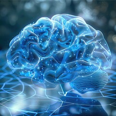 Aufkleber - The blue virtual brain model has signal connection, abstract, futuristic, technology, surrealism. Generative AI.