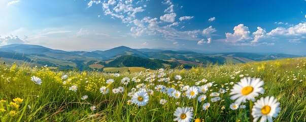 Wall Mural - Natural Landscape with Daisies in Blooming Field