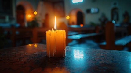 Wall Mural - Anticipation of Light: Serene Holy Saturday with Illuminated Crucifix and Candle Flame