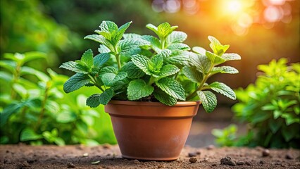 Wall Mural - Fresh and vibrant mint plant growing in a pot in a vegetable garden , Mint leaves, Puthina leaves, Mentha, green, healthy