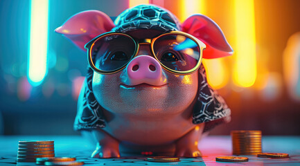 Poster - A piggy bank that is designed to look fancy, such as a piggy bank wearing sunglasses or a hat, along with coins with a cool design. The background is a bright. Generative AI.