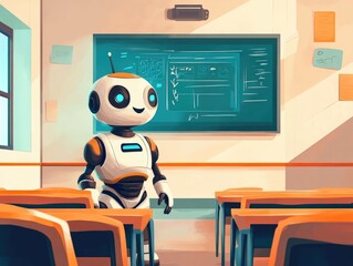 Poster - Futuristic educational robot standing in a classroom with a chalkboard showcasing innovative technology in the academic environment