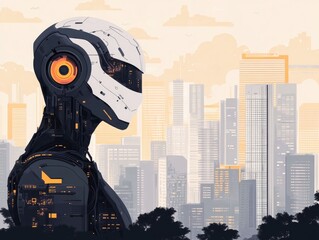 Poster - Futuristic depicting an AI powered smart city skyline with a prominent robotic icon  showcasing advanced urban management systems  digital infrastructure