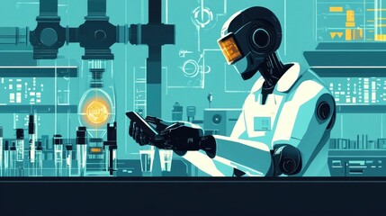 Poster - of a robotic laboratory conducting advanced research experiments using cutting edge technology and digital instrumentation in a flat design style