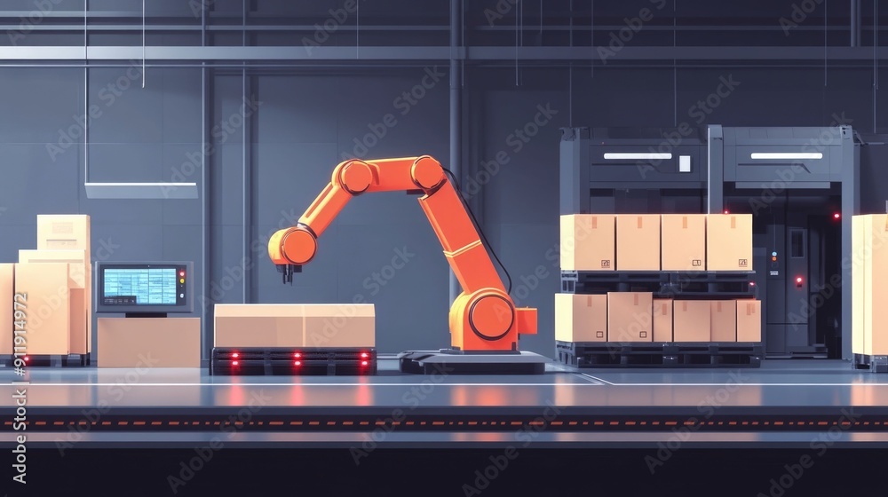 Robotic arm operating in a modern automated warehouse or logistics ...